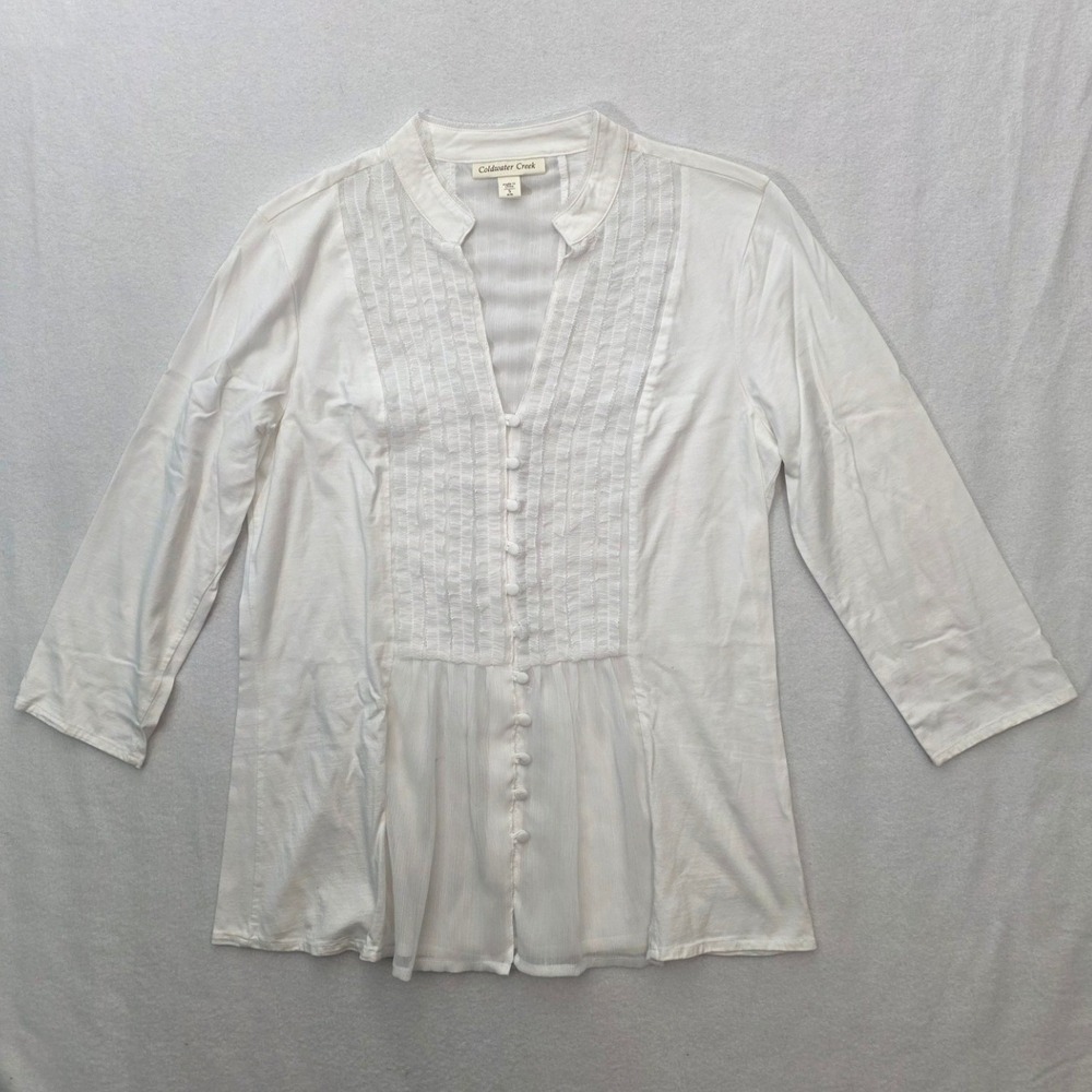 Coldwater Creek Top Blouse Pintuck Sheer Panel S White Boho Mixed Media